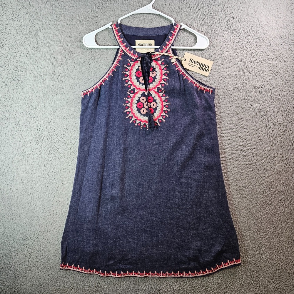 NEW Savanna Jane Sleeveless Mini Dress Small Embroidered Boho Pink Blue